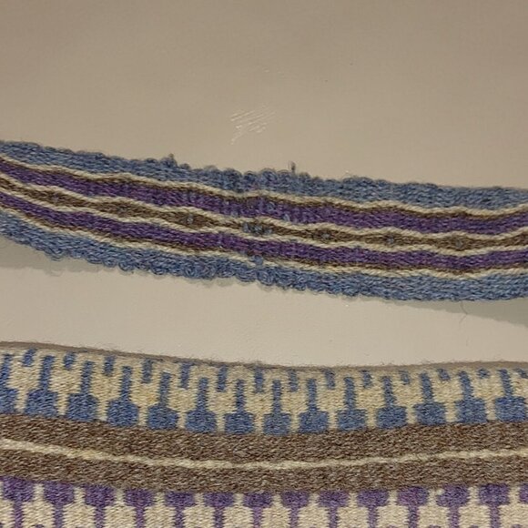 Handwoven Wool Shoulder Bag Blue White Brown Stripes Wood Button Closure Vintage - Picture 5 of 9